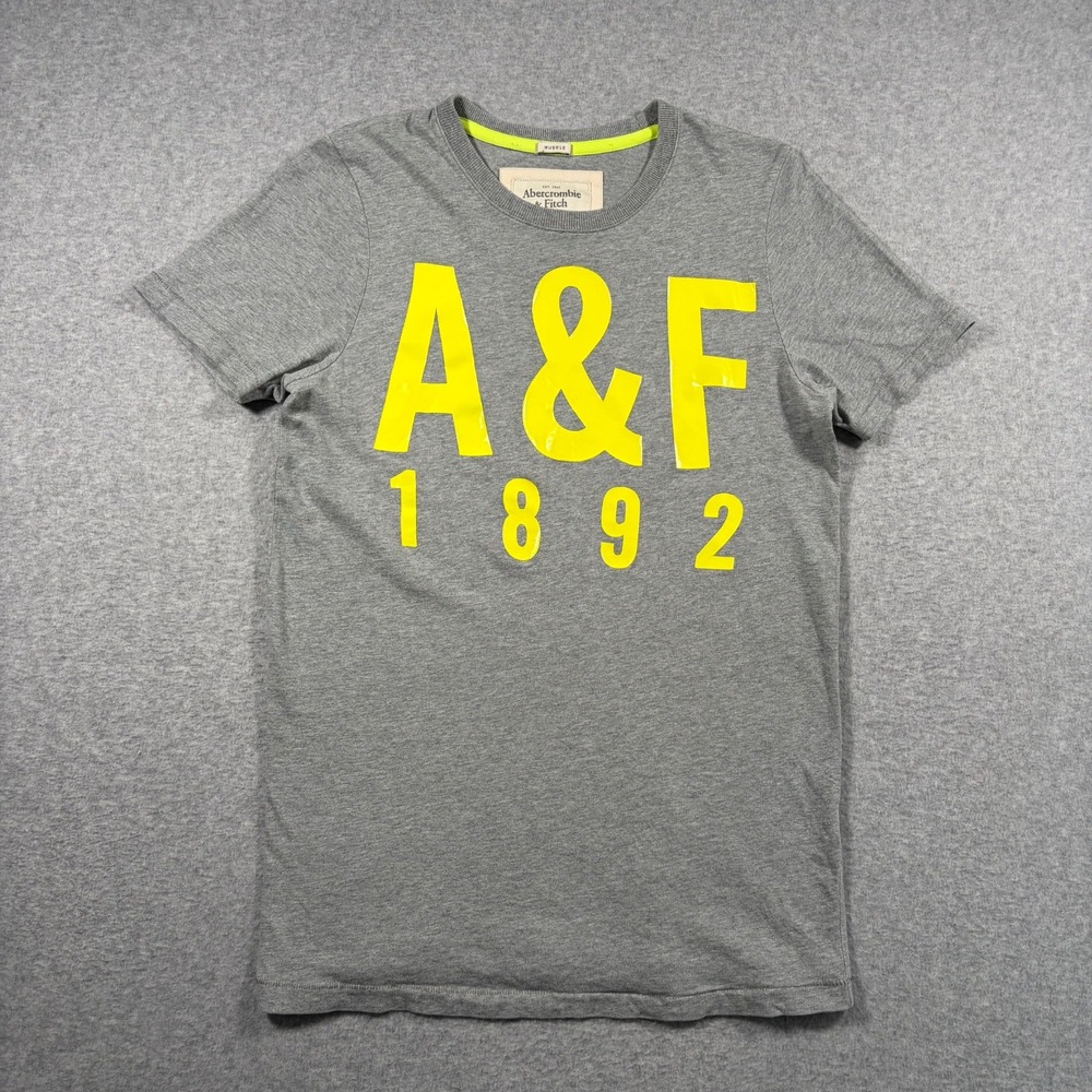Abercrombie & Fitch T-Shirt Mens Large Gray Yellow A&F 1892 Muscle Fit Graphic